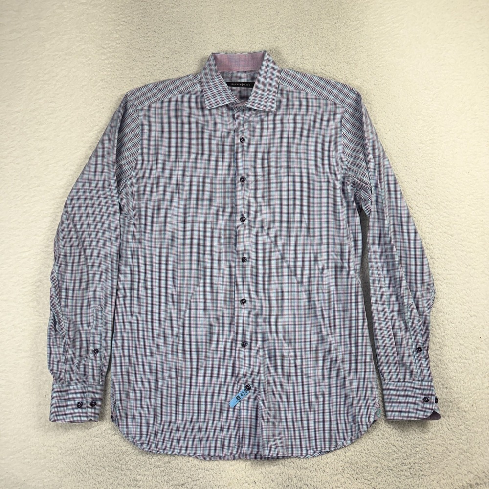 Hammer Made Button Shirt Mens 39/15.5 L/S Cotton Purple Flip Cuff plaid Casual